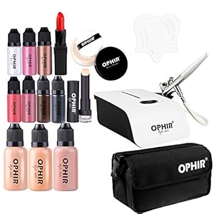 OPHIR Airbrush Makeup System Kit Air Compressor Cosmetic Airbrush Makeup Set with Eyebrow Template 3 Air Brush Foundation in 1 Ounce Bottles Includes Blush, Bronzer, Highlighter and Lipstick Concealer