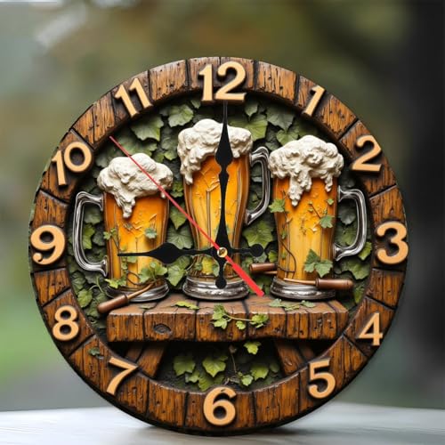 SEMARY Vintage Beer Clock Decor with Three Mugs and Greenery10-Inch Wooden Wall Clock, Silent Movement, Battery Operated (AA Batteries Not Included), Artistic Home Decor, Perfect for Home Accents