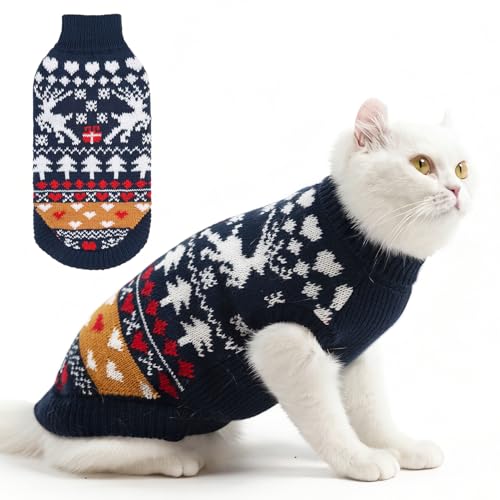 PUPTECK Christmas Cat Sweater, Soft Warm Turtleneck Pet Winter Clothes, Kitten Sweater Apparel, Knitwear Coat for Cats Puppy Outfit Cold Weather Clothes, Navy Blue M