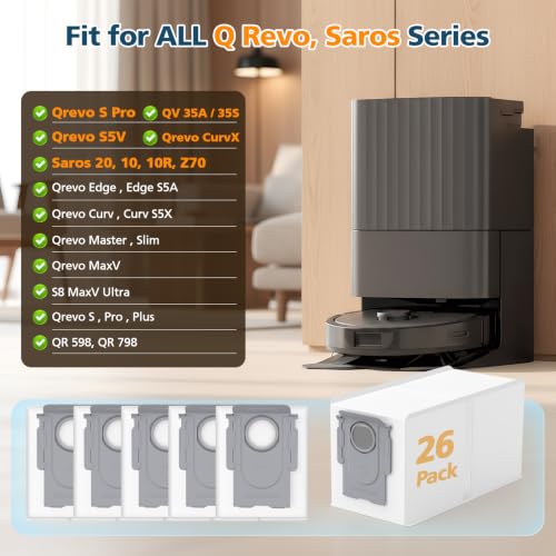 Image of 26 Pack QRevo Dust Bags Replacement for Roborock QV 35A, Qrevo S5V, Saros 10 /10R, Z70, Curv /Curvx, Q Revo S /Pro /Plus /MaxV /Edge / S5X / S5A, S8 MaxV /Max Ultra Robot Vacuum Cleaner