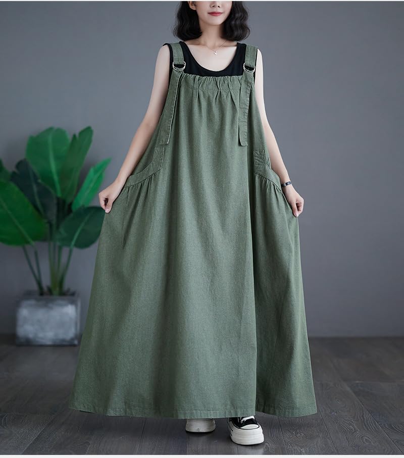 Image of Boho Jumper Dress for Women Loose Version Baggy Style Maxi Length Adjustable Straps Wide Hemline Overall Dresses