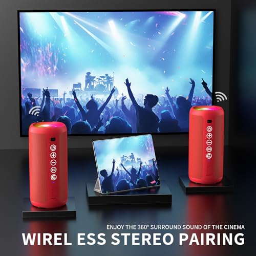 Image of Ortizan Portable Bluetooth Speaker: IPX7 Waterproof, 24W Loud Sound, Deep Bass, Bluetooth 5.3, LED Lights, Wireless Stereo Pairing, 30H Playtime, for Home /Outdoor /Party /Beach, Birthday Gift (Red)