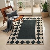 Moynesa Checkered Easy Jute Outdoor Patio Rug 3x5, Washable Indoor Outdoor Rugs for Entryway Non Slip, Farmhouse Carpet for Living Room Bedroom Kitchen Backyard Porches, Black Grid Pattern