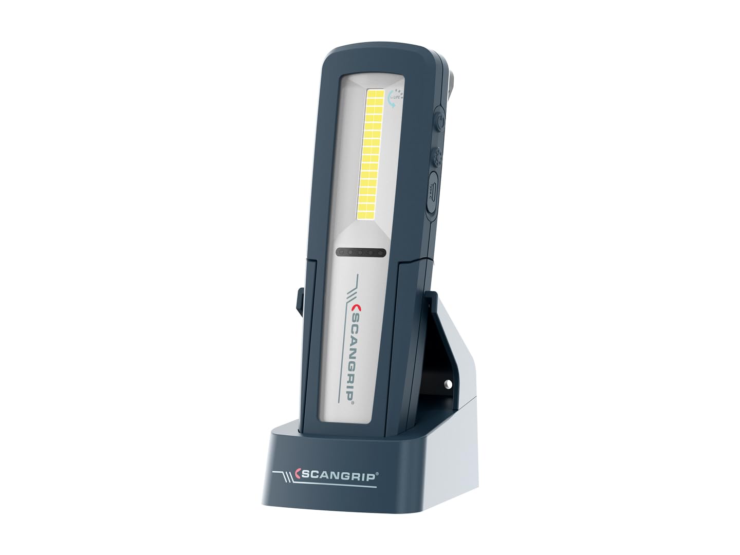 Scangrip Uniform Lámpara de Trabajo LED Recargable | 500 Lúmenes, con Base de Carga, Imán, Gancho y Clip | IP65 Resistente al Agua y Polvo, Cabezal Inclinable, USB-C, Portátil y Ergonómica