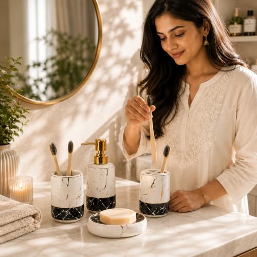 Image of Market99 Ceramic Bathroom Set Glossy White and Black with Sophisticated Marble Finish Design, Includes Soap Dispenser, Tumbler, Toothbrush Holder, and Soap Dish for Coordinated Bathroom Style, 300ML