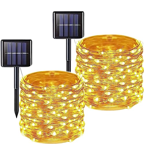 2 Pack Total 200 LED 66FT Solar Powered Copper Wire String Lights Outdoor, Waterproof, 8 Modes Fairy...