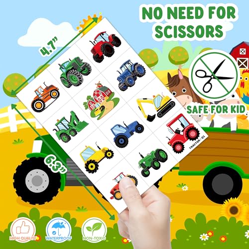Image of 120 PCS Tractor Farm Farmhouse Pre-Cut Temporary Tattoos for Kids | Super Cute Theme Birthday Party Favors, Supplies, Decorations, Green Red Fake Tattoo Stickers (Multiple)