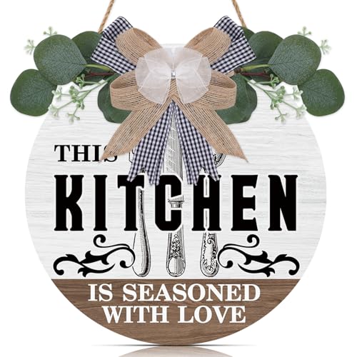 Image of TOARTi Kitchen Wall Art,THIS KITCHEN IS SEASONED WITH LOVE Sign Rustic Wood Sign Round Wood Hanging Decor with Ribbon Bow and Artificial Green Leaves Farmhouse Style Wall Art