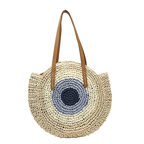 Bolso de paja redondo para verano, bolso tote grande de tejido grueso para playa, viaje y uso diario para mujeres (beige) miniatura 1