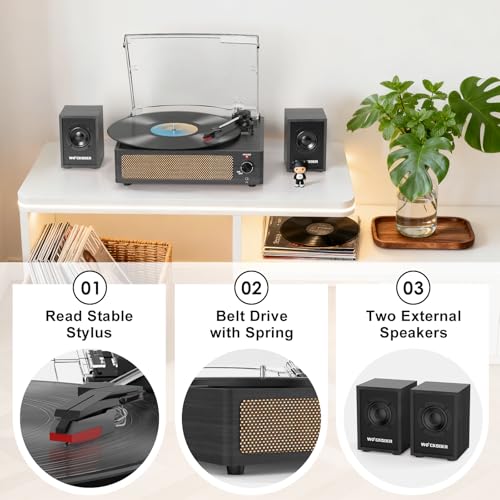 Image of Record Player with Passive Bookshelf Speakers Belt-Drive Vintage Turntable for Vinyl Records External Dual Stereo Speakers LP Players 3 Speed Wireless AUX Headphone Input Auto Stop Retro Black Wooden