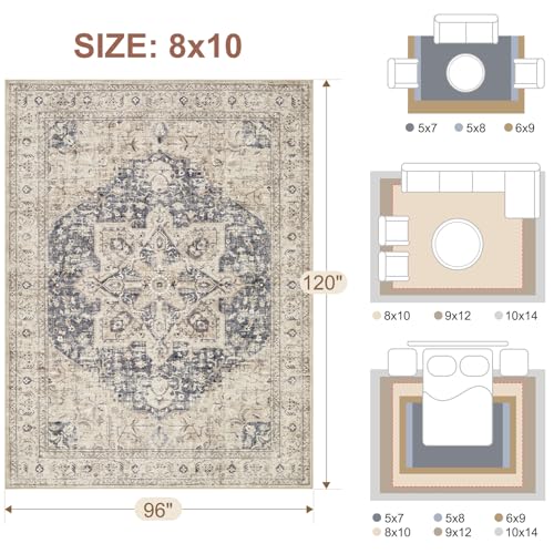 Tortania Area Rug Living Room Rugs - 8x10 Washable Boho Rug Vintage Oriental Distressed Farmhouse Large Thin Indoor Carpet for Living Room Bedroom Under Dining Table Home Office - Cream Blue
