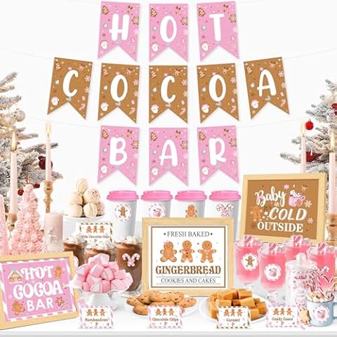 K KUMEED Hot Cocoa Bar Kit Pink and Gingerbread Hot Cocoa Bar Banner Cute Gingerbread Man Sign Oh Snap Toppings Tent Cards Cup Tags Stickers for Christmas Party Winter Baby Shower Baby It's Cold Outside Cover