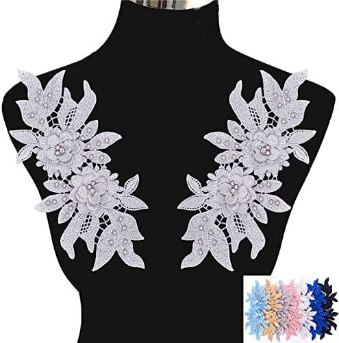 1 Pair 3D Lace Applique, Sew on Flower Bead Patches Embroidery Floral Motif Beaded Rhinestones Lace Trim Fabric Pearl Appliques for Sewing Wedding Bride Dress Veil Clothes Decoration (Silver)