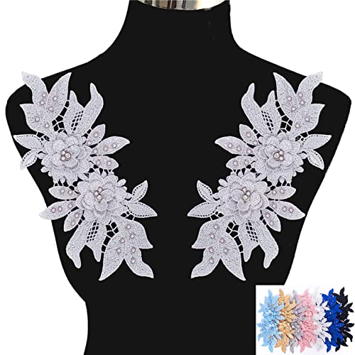 1 Pair 3D Lace Applique, Sew On Flower Bead Patches Embroidery Floral Motif Beaded Rhinestones Lace Trim Fabric Pearl Appliques For Sewing Wedding Bride Dress Veil Clothes Decoration (Silver) #TOP25