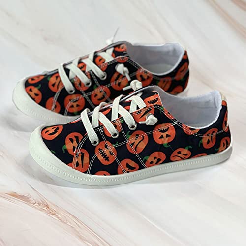 Women's Canvas Shoes,Halloween Pumpkin Ghost Print Flat Sports Shoes for Women Breathable Women's Shoes4