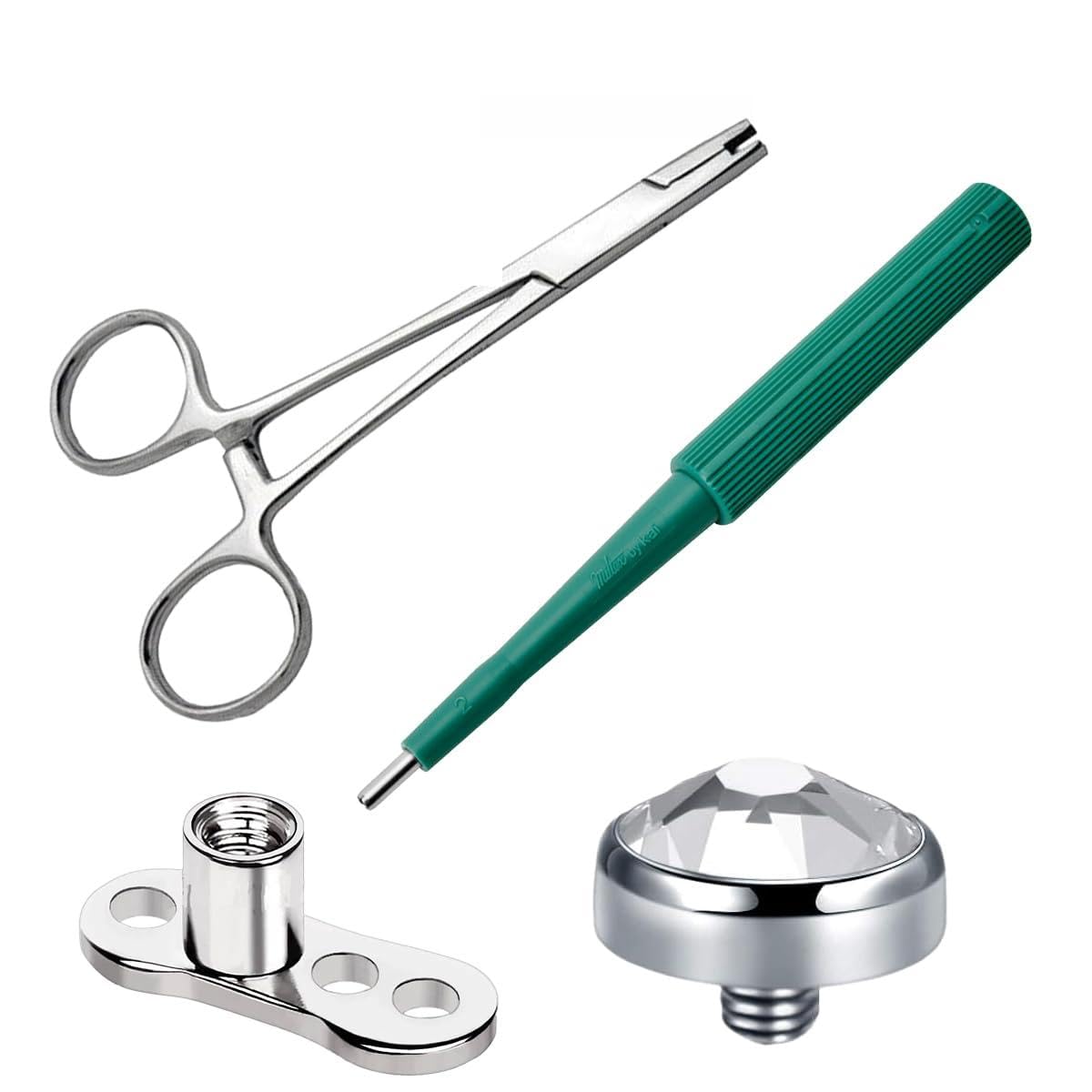Satix 4PCS Dermal Piercing Kit, 14G Dermal Tops 4mm CZ, Dermal Base 2mm Raise, Dermal Punch 2mm, Micro Dermal Anchor Tube Insertion Hemostat Forceps 6" for Surface Skin Piercing Jewelry