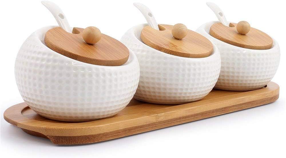 Porcelain Condiment Jar Spice Container with Lids - Bamboo Cap Holder Spot, Ceramic Serving Spoon, Wooden Tray - Best Pottery Cruet Pot for Your Home, Kitchen, Counter. White,170 ML, Set of 3