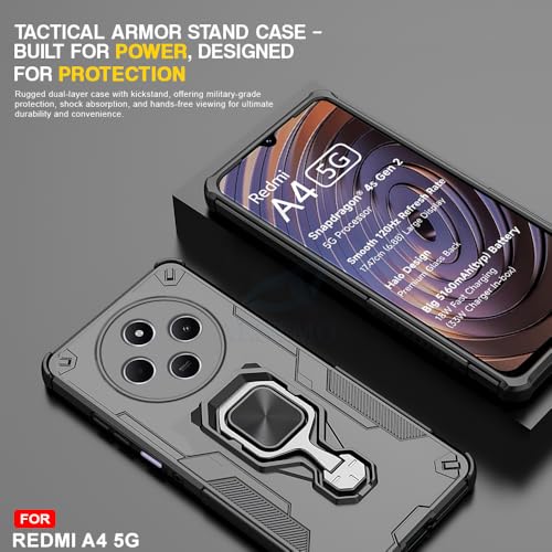 Image of AESTMO Armor Back Cover for Redmi A4 / 14C / Poco C75 / M7 5G | Ring Holder & Kickstand & Camera Protection in-Built | 360 Degree Protection Back Case Cover (Black)