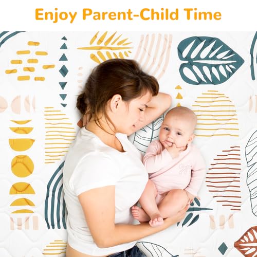 decalsweet Spielmatte Baby 127×127cm mit Rutschfest, Extra Dicke 2cm Weiche Krabbelmatte Baby, Faltbar Krabbeldecke für Baby Krabbelteppich für Kinderzimmer Indoor Outoor Zaun (Boho-Blatt)
