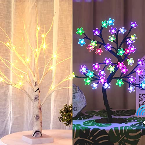 Bolylight Lighted Birch Tree and 17in 40 LED Multicolor Cherry Blossom Tree