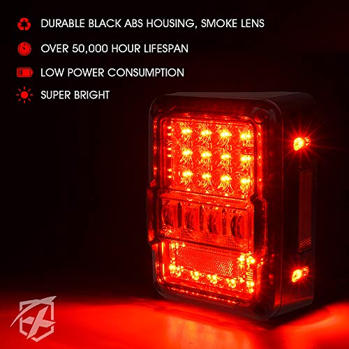 Image of Xprite 4D Smoked LED Tail Lights Compatible with 2007-2018 Jeep Wrangler JK | Signal /Brake /Reverse /Running Light, EMC Build-In, ABS housing, PMMA Lens, Waterproof, DOT Approved, Plug N Play