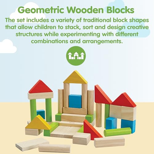 Image of PlanToys 40 Unit Blocks Wooden Montessori Building and Stacking Toy | Early STEM, Fine Motor, Creativity and Problem Solving Activity | Eco Friendly Educational Open Ended Play Set