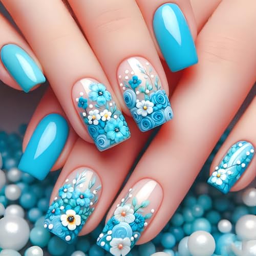 Flower Press on Nails Medium Square Blue Acrylic Nail Blue White ...