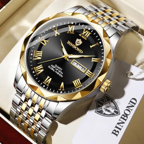 Image of BINBOND Men's Watch Luxury Business Dress Analog Quartz Stainless Steel Casual Date Wrist Watches for Men Easy Read Roman Numeral Large Dial Waterproof Luminous