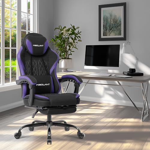 Image of Misolant Gaming Chair, Fabric Gamer Chair with footrest for Adults, High Back Ergonomic Computer Game Chair with Adjustable Headrest and Massage Lumbar Support, 90-155 Recline Free, Purple