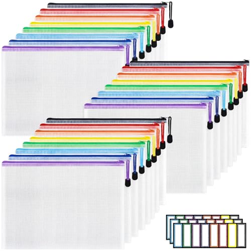 EOOUT 24pcs A4 Zipper Pouch Bags Mesh Pouch Bags with Labels for Board Games & Puzzles Supplies Waterproof Document Zipper Cases for School Toys Office Cosmetics Travel Storage 8 Colors