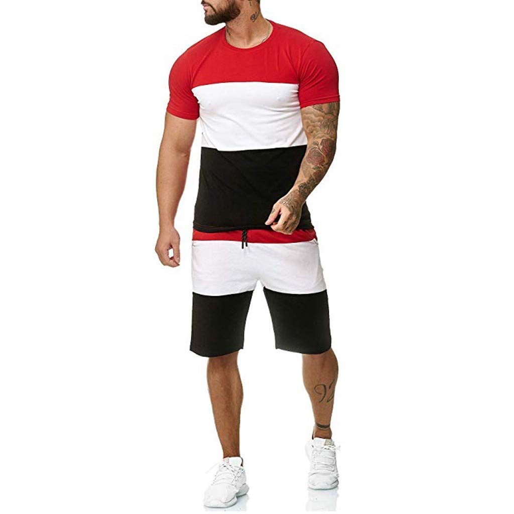 2022 Patchwork Jogging Sets for Men,Short Sleeve Tops+Drawstring Short Pants Sports Suit Tracksuit S