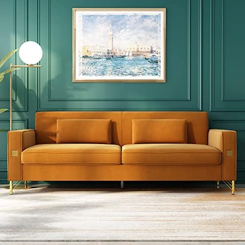STORFENBOR 85'' Velvet Sofa, Chesterfield Velvet Upholstered Mid-Century Modern Love seat, with 2 Lumbar Pillows and Gold-Plated Legs, 3 Seat Living Room Apartment Large Comfort Sofa (Orange)
