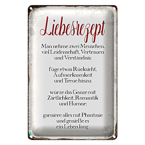 Dekoratives Blechschild \'Liebesrezept\' | Romantische Wanddekoration für Paare und Verliebte | Ideal für Zuhause und als Geschenk | 20 cm x 30 cm