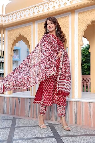 Image of Leriya Fashion Cotton Printed Kurta Sets for Woman | V Neck Festive Anarkali Suit for Women | Ethnic Kurta Set with Dupatta for Women | Wedding Kurti Set for Woman