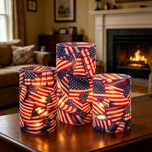 Image of Independence Day Patriot Flickering Flameless Candles US Flag, Embedded Star String Lights, Battery Operated Acrylic LED Pillar Candles with 11-Key Remote and Timer for Home Decoration, 3 Pack
