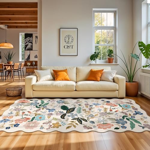 Hallway 4x10 Washable Area Rugs: Indoor Floral Scalloped Rug for Kitchen Entryway Farmhouse Nursery Bathroom Soft Carpet with Non Slip Backing Water Resistant Thin Laudry Floor Mat (4x10,Cream)