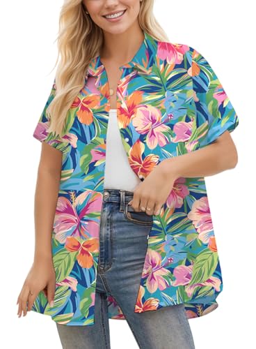 Image of Betusline Girls' and Womens' Hawaiian Shirt Blouse Button Down Beach Shirts | Casual breathable and comfortable Short Sleeve V-Neck Floral Tropical Blouse
