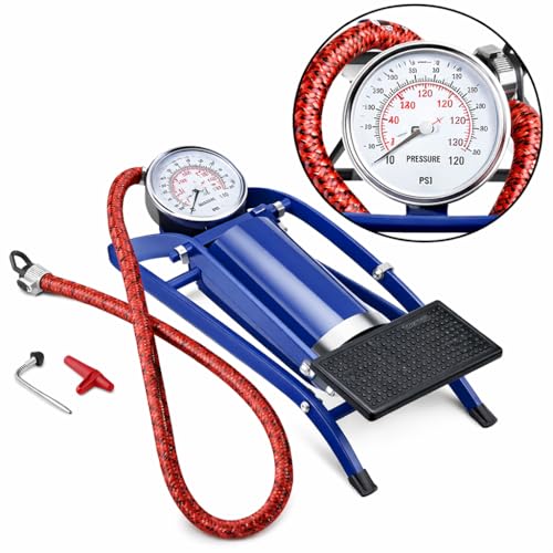 Image of High Pressure Foot Pump, Bike Motorbike Inflation Pump with Pressure Gauge, Foot Pedal Inflator, Single Barrel Cylinder Air Pump, 30 cm, Blue