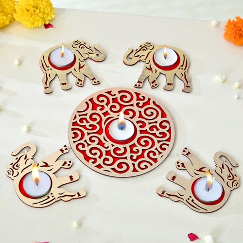 Image of Ascension Elephant MDF Rangoli Set with Tealights Candels Reusable Rangoli Stencil Diwali Decoration Items for Home Decor Navratri Pongal Pooja Mandir Diwali Decor (Elephant Tealight Candle Holder)