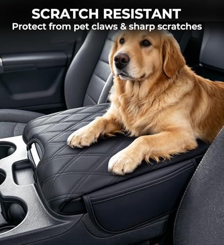 Image of Center Console Cover for Dodge Ram 1500 2013-2018 & Ram 2500 /3500 /1500 Classic Model 2013-2026, Fits Jump Seat Only, 1.2-Inch Thick PU Leather Armrest Cushion Protector with 2 Side Pockets
