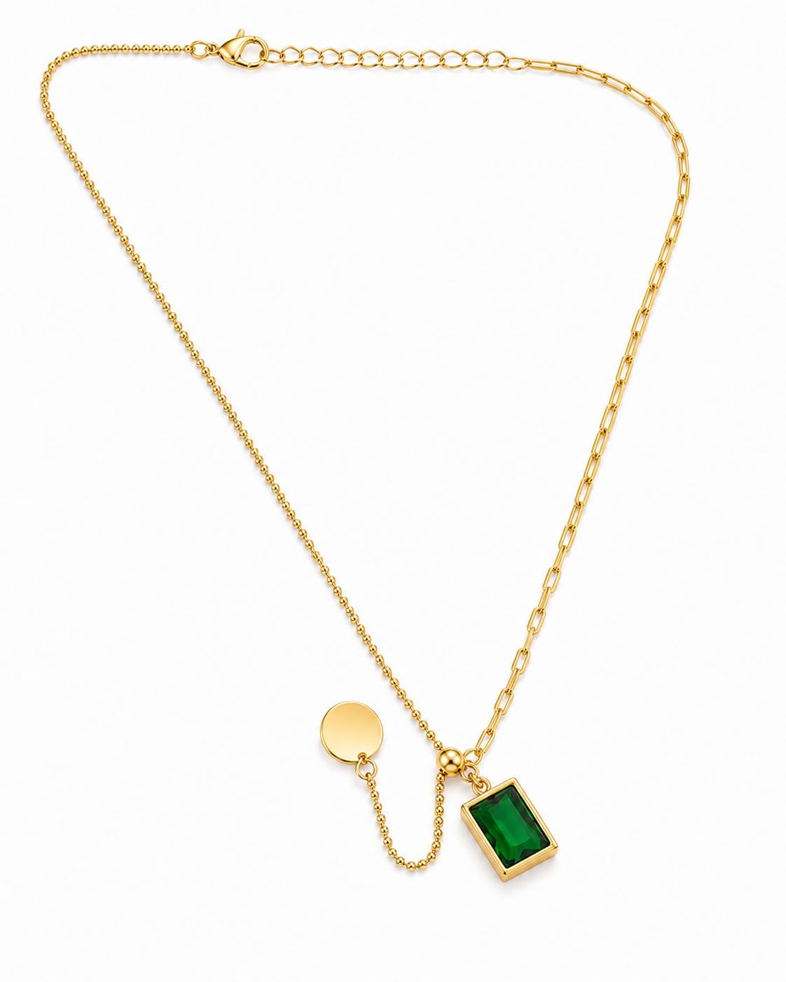 BLOOMORA Creation Green Pendant Necklace for Women & Girls | Premium Gold Finish Antitarnish Stainless Steel Asymmetrical Necklace with Green Rectangular Pendant & Disc Charm | Adjustable Minimalist Daily Wear Jewelry Gift-image-15