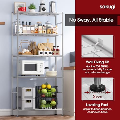 Storage Shelves - 5 Tier Shelf Organizer, Heavy Duty Garage Shelving Unit with Leveling Feet, Stable Metal Shelves Organizer for Pantry, Kitchen and Closet, 33.0" W x 12.6" D x 72.0" H, Silver