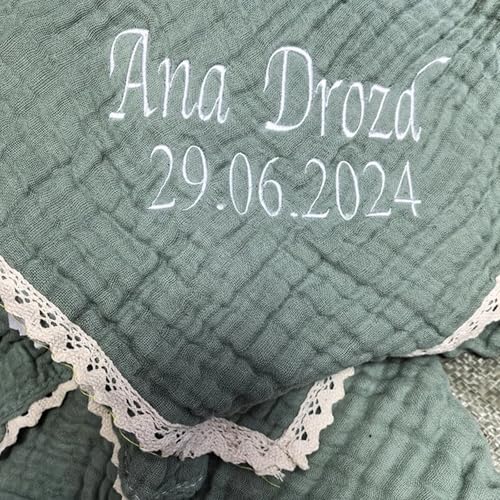 Personalized Blanket Customize Name 6 Layers Muslin Swaddle Wrap Cotton Baby Blankets Lace Receiving Blanket Newborn Bath Towel (Customized)4