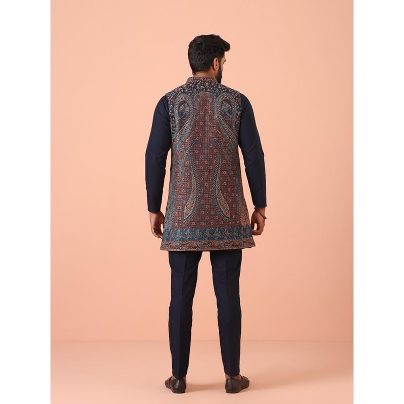 Image of KISAH Mens Kurta Jacket Trouser Set|Pashmina Fabric Jacquard Pattern Mens Ethnic Wear|Regular Fit, Navy Blue