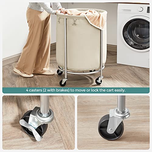 Songmics Laundry Basket With Wheels, Rolling Laundry Hamper, Round Laundry Cart With Steel Frame And Removable Bag, 4 Casters And 2 Brakes, Cream And Silver Urls01Mz #TOP3