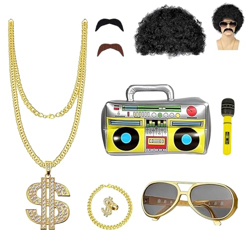 SLshiBo Disfraz Hip Hop 9 Piezas, Accesorios de Rapero Años 80 y 90 para Hombre con Collar de Dólar, Anillo, Gafas, Boombox Inflable, Micrófono y Peluca para Carnaval Fiesta