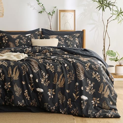 Image of Bedsure Floral Black Comforter Set, Queen Bedding Sets, 7 Piece | Bed in a Bag, Comforters, Bedroom, Reversible, Fluffy, Whisper-Quiet, All-Season, Polyester, Easy Care, Botanical-Chic, OEKO