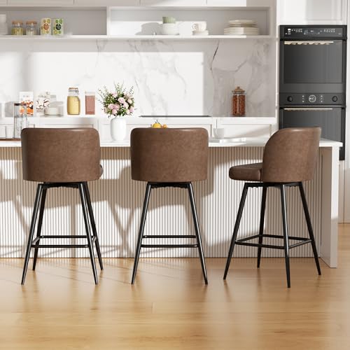 Image of Swivel Bar Stools Set of 3, 26 inch Counter Height Bar Stools with High Back and Metal Legs, Faux Leather Bar Chairs, Modern Barstools for Kitchen Island, Brown