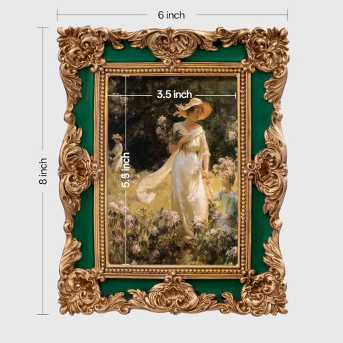 Image of eletecpro 4x6 Vintage Picture Frame with Real Glass Cover, Ornate Antique Photo Frame, Display 4x6 Picture for Tabletop or Wall Hanging Horizontal & Vertical, Green Home Decor for Gallery Art