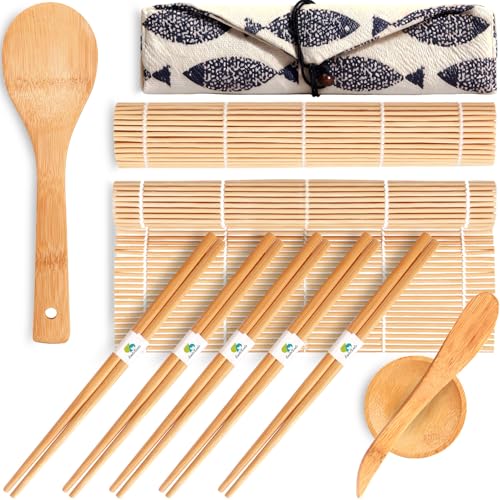 SmileTools No Plastic Bamboo Sushi Making Kit, Sushi Roller, 2 Bamboo Sushi Rolling Mats, 5 Pairs Chopsticks, Sauce Dish, Rice Paddle - Natural Sushi Maker Set for Beginners DIY Sushi at Home